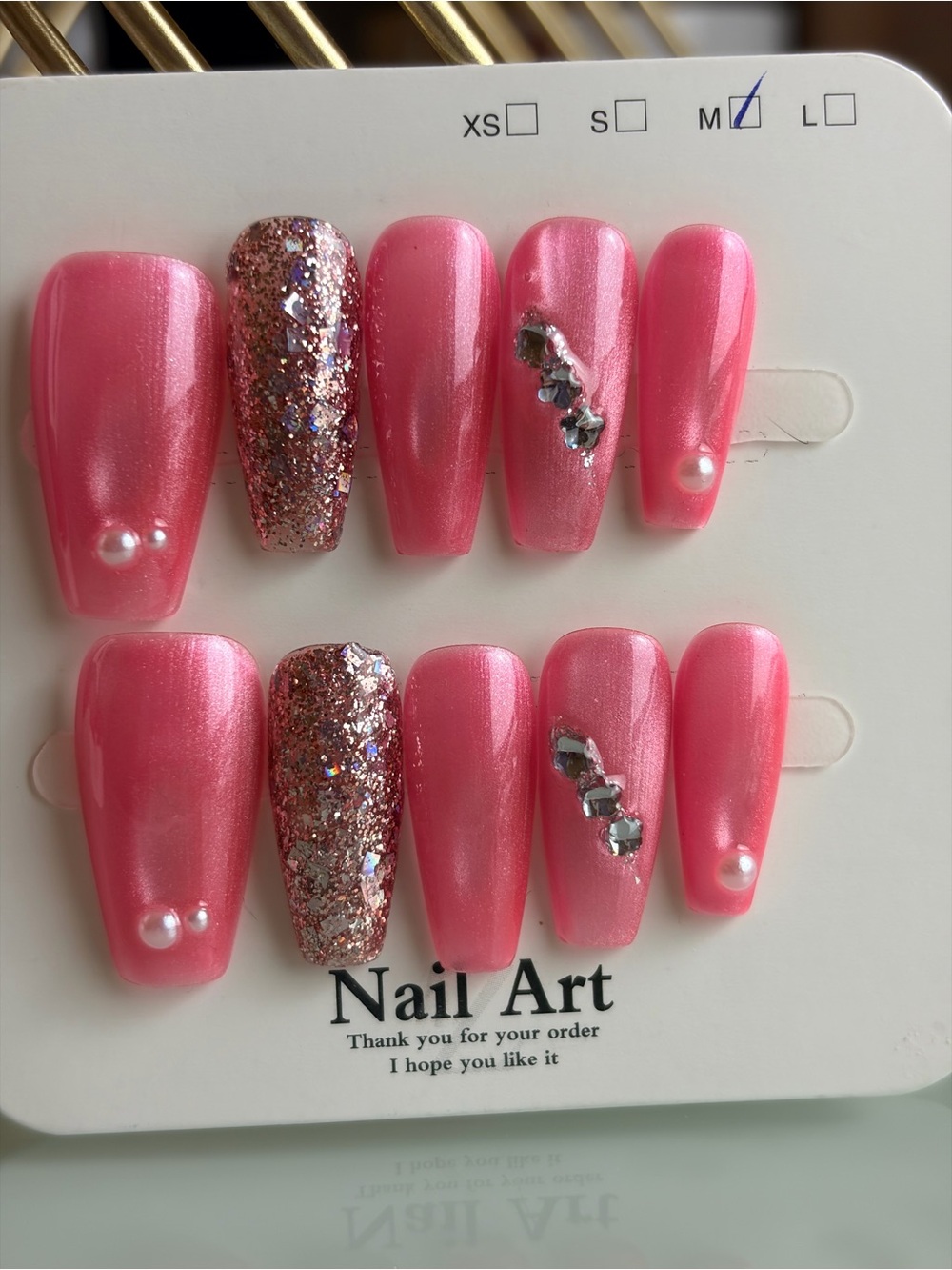 Pink Pearl & Glitter Coffin Nail set- Med